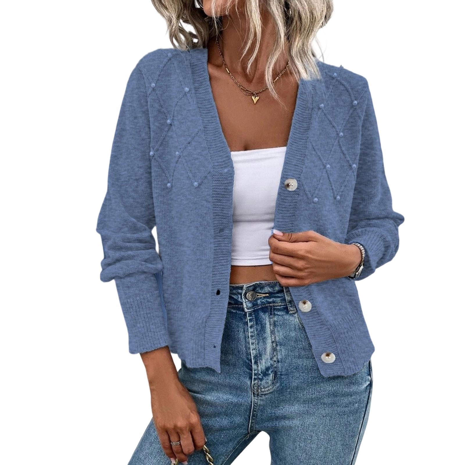 

Женский повседневный трикотажный кардиган с V-образным вырезом, на пуговицах, с длинными рукавами, трикотажный топ S синий