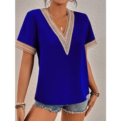 Women's Fashion Casual Summer Spring Solid Color Print Short Sleeve V-Neck Blouses & Shirts