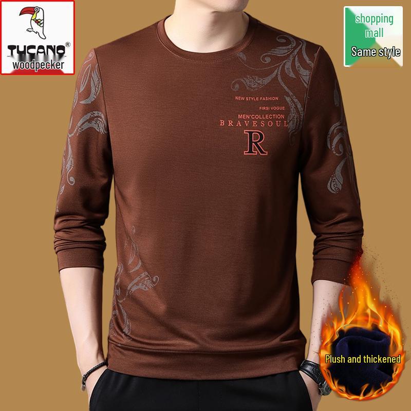 Woodpecker Plus Velvet Men s Round Neck Long Sleeve Hoodie for Autumn/Winter 2025 - New Warm Thick Base Layer. M