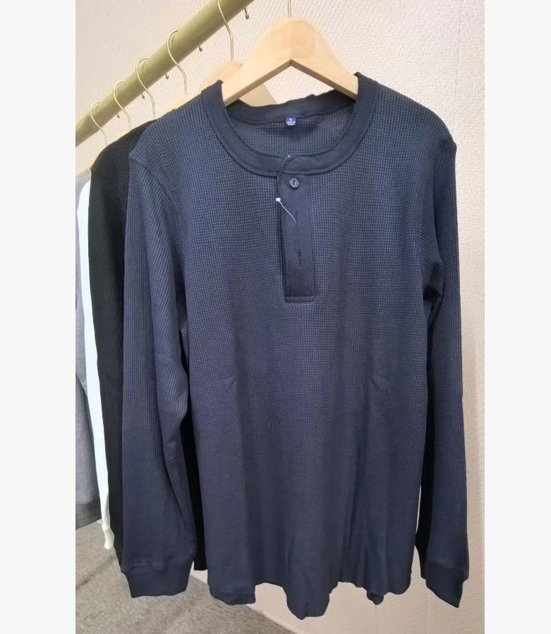 Men Women Long Sleeve Pullover T Shirt Waffle Knit Henley Neck