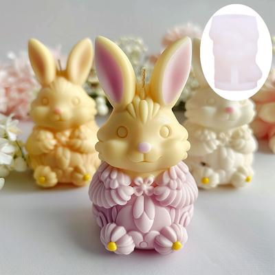3D Cute Sitting Rabbit Candle Silicone Mold Vertical Ears Flower Rabbits Resin Mould Striped Easter Bunny Concrete Gypsum Molds