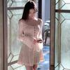 French Lace Hollow Long Sleeve Dress For Ladies Autumn Winter Chic Aline Short Skirt