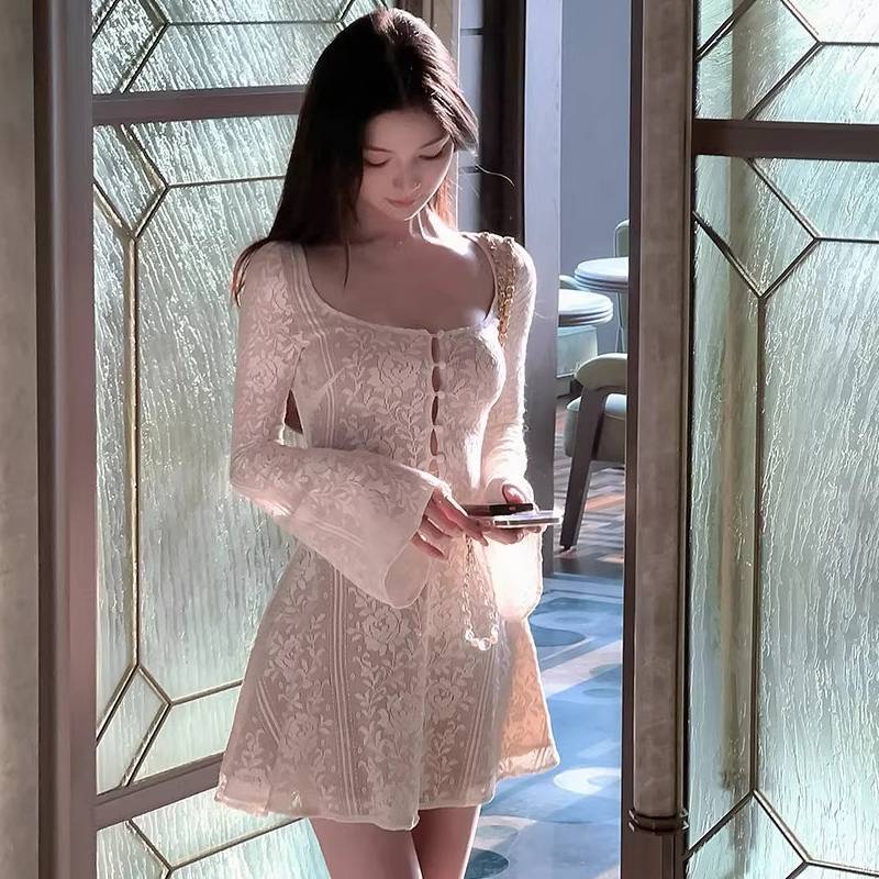 French Lace Hollow Long Sleeve Dress For Ladies Autumn Winter Chic Aline Short Skirt