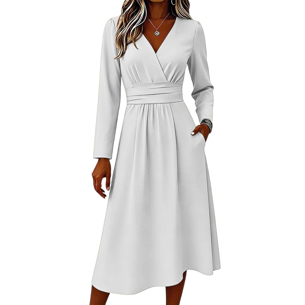 Women's Casual V Neck Midi Dress Long Sleeve Wrap Style Waistband Relaxed Fit Soft Fabric Comfortable Daily Wear