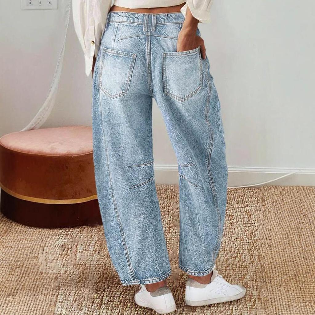 Damen Vintage Bananenhose Lockere Machete Hose Weite Beinhose Mittel Taille Gerade Jeans