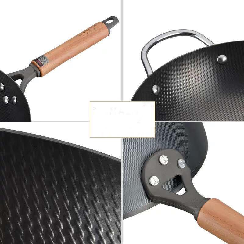 Lilang 32cm Uncoated Iron Wok with Wooden Lid
