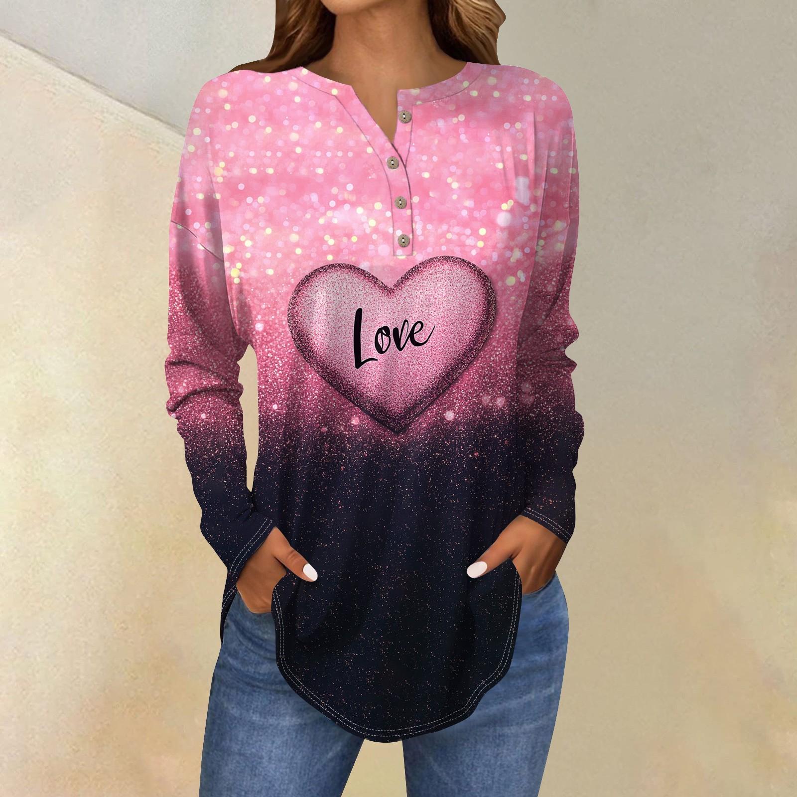 

Женская мода свободный воротник на пуговицах с принтом длинный рукав футболка топы пуловер L розовый