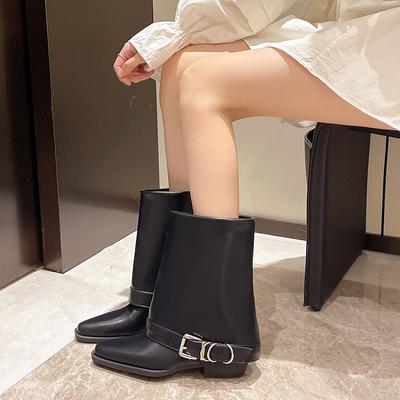 Retro Soft Leather Punk Western Cowboy Boot for Women Square Toe Chunky Heel Buckle Decoration Mid-Calf Botas Zapatos Mujer