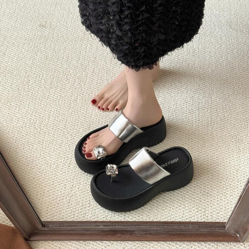 2025 Neue Sommer Kristall Damen Slipper Mode Komfort Zehensteg Damen Plateau Keilabsatz Pantoletten Strandsandale Damenschuhe