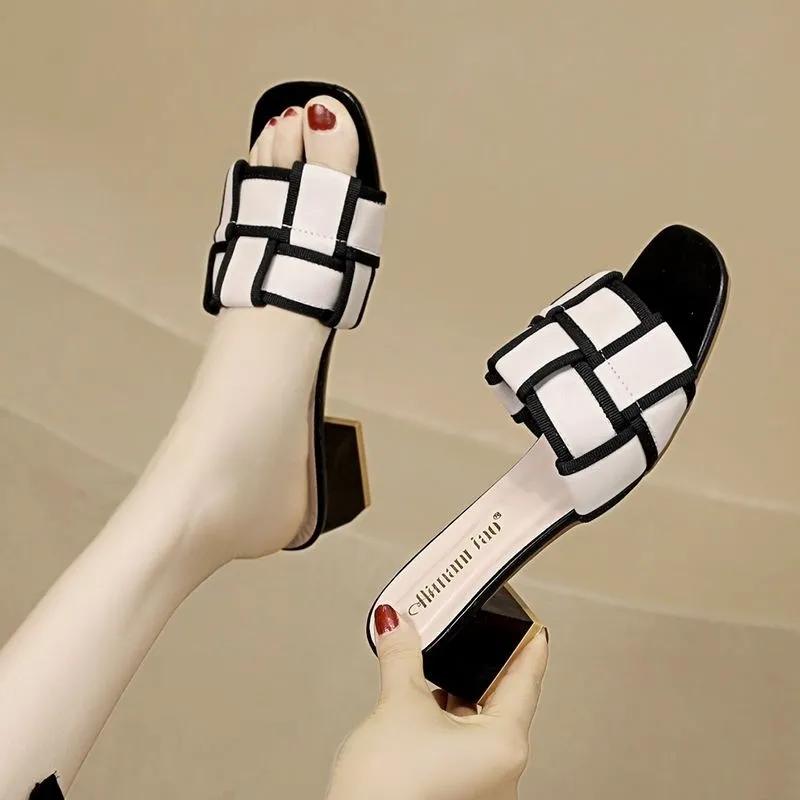 Zapatos De Mujer Women Classic Peep Toe Comfort Spring Slip On Square Heel Shoes Lady Summer Office Sandals Ab379