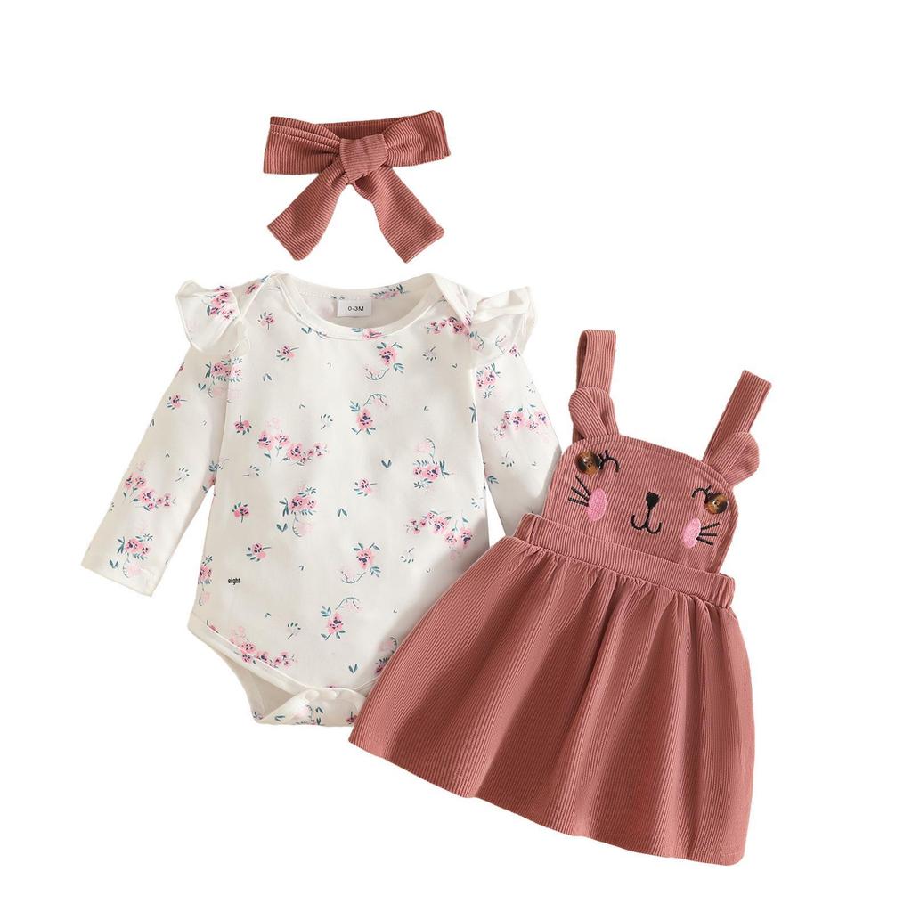 Girls' Floral Long Sleeve Romper & Cat Corduroy Overall Dress Set - Autumn/Winter
