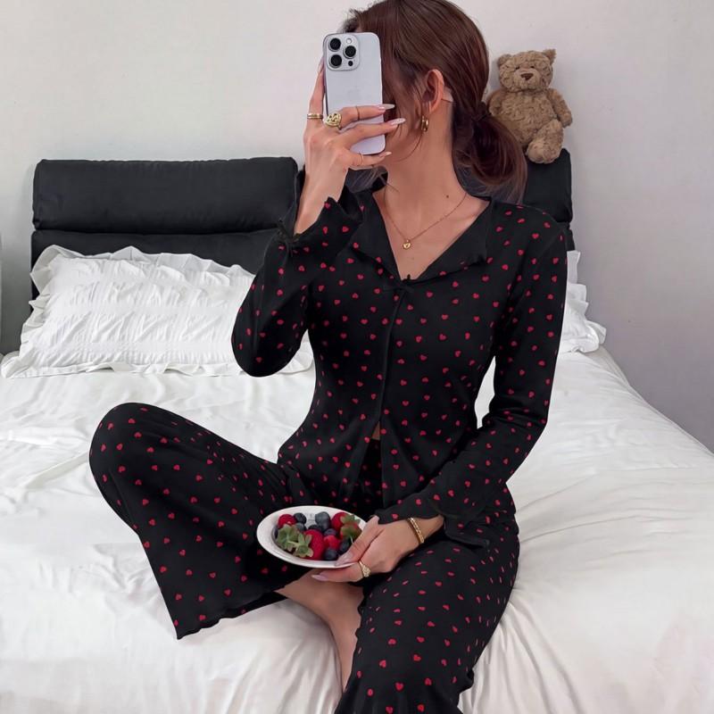 Womens 100% Cotton Long Sleeve Pajama Set With Collar Heart Print Bow Detail Full-Length Pants Home Comfort