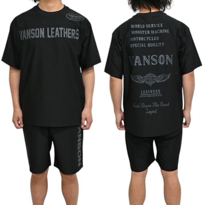 Vanson Training Wear Pants Short Sleeve and Top and Bottom Set for Gym NVSU-2501 & Set, T-Shirt Shorts, Jersey, Men's (JP, Alphabet, L, Black)
