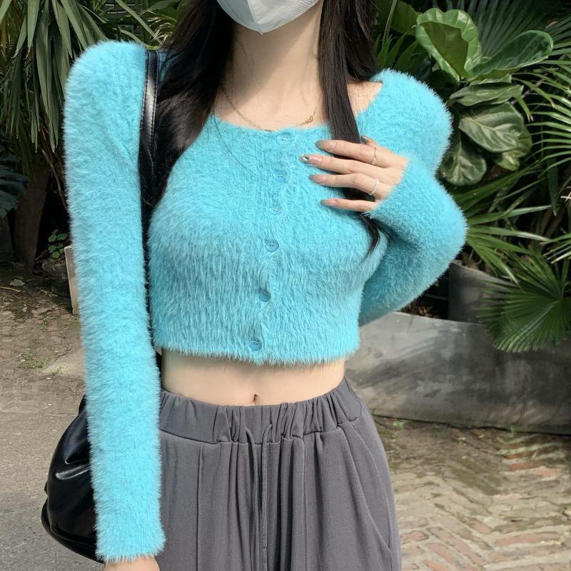 

Sweet and spicy long-sleeved square-neck knitted cardigan women s autumn 2025 new high-waisted slim-fit sweater short one size fits all