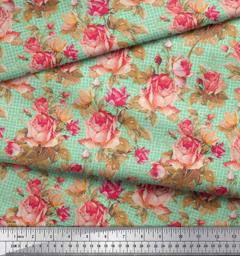 Soimoi Japan Crepe Satin Stoff Sjekk, Blader & Rose Blomstertrykk Sy Stoff meter 42 tommer