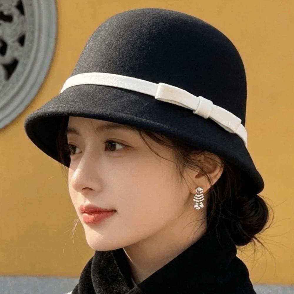 Koreanischer Stil Retro Glockenhut Warmer Fleece Elegante Schirmmütze Vintage Fedora Kappe Fotoshooting