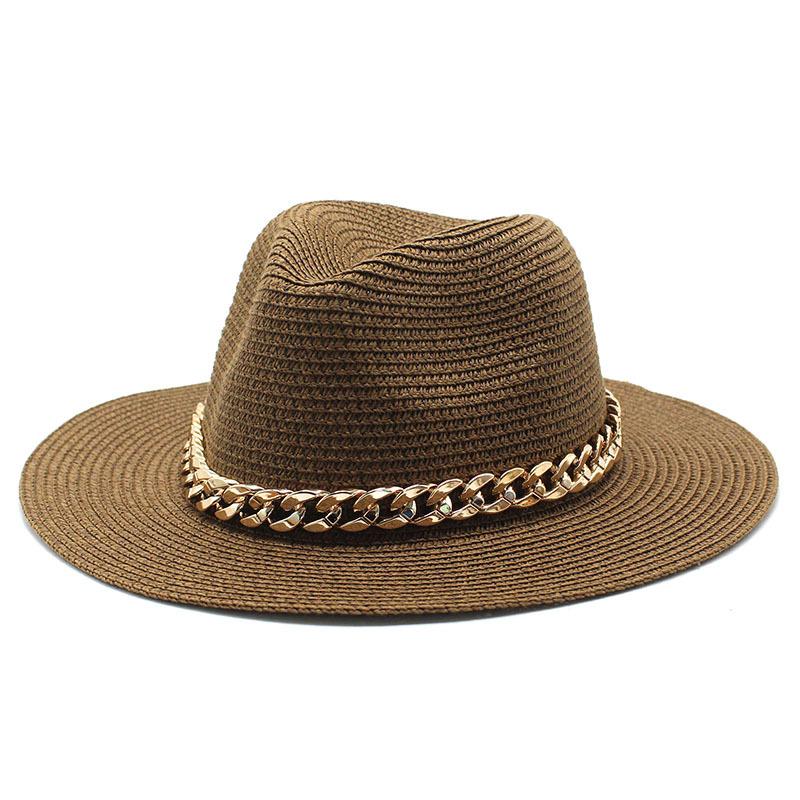 Brown straw hat golden chain sun hat outdoor sun hat straw hat seaside sunscreen beach hat sun hat various accessories wholesale