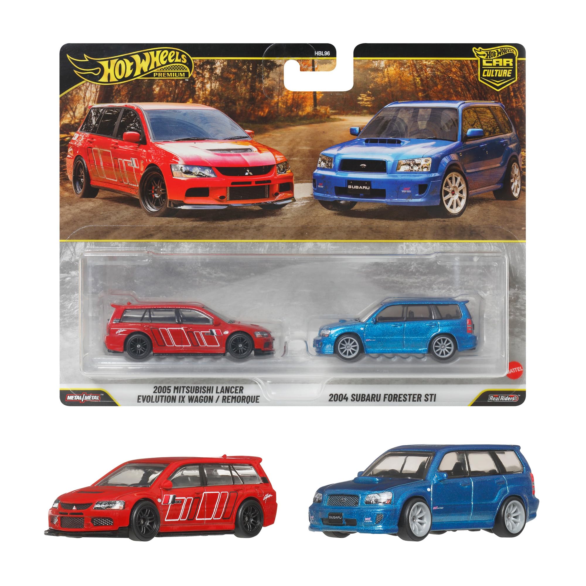 

Hot Wheels Premium 2005 Mitsubishi Lancer Evolution IX Wagon 2004 Subaru Forester STI Вік JHW46 Набір з 2 шт. / Транспортні засоби, Червоний/Синій, 3+,