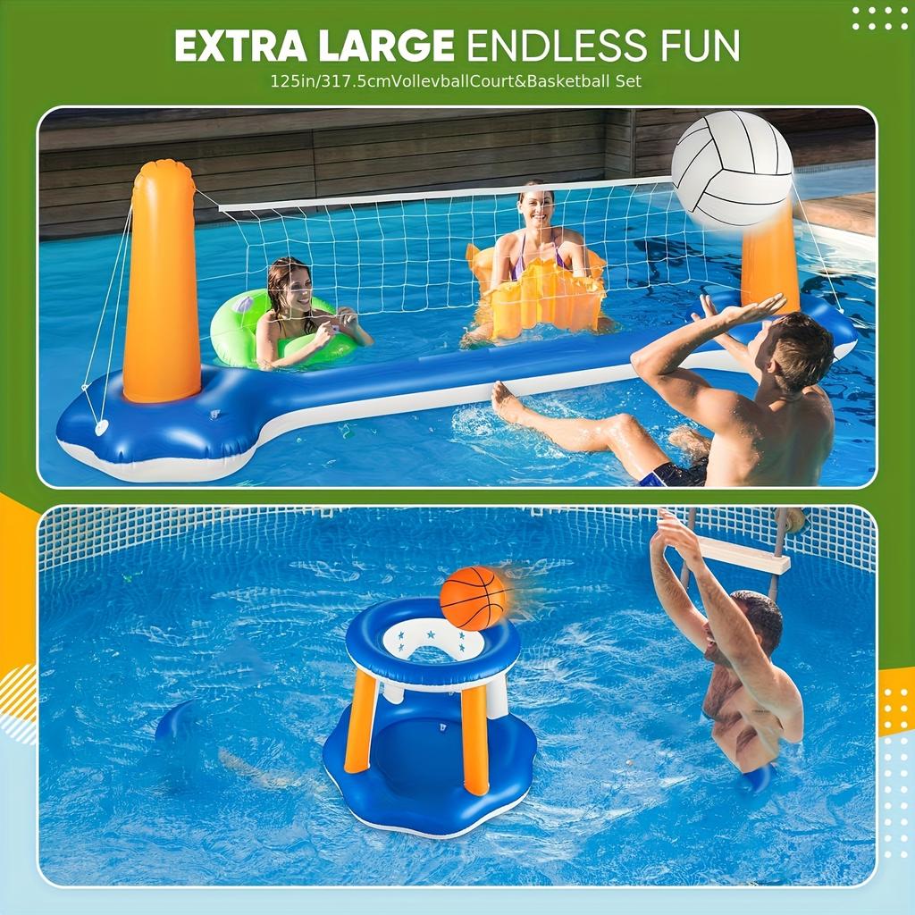 Large Inflatable Pool Raft Set with Volleyball Net Basketball Hoop Floating Water Games for Adults Summer Pool Party Beach Toys