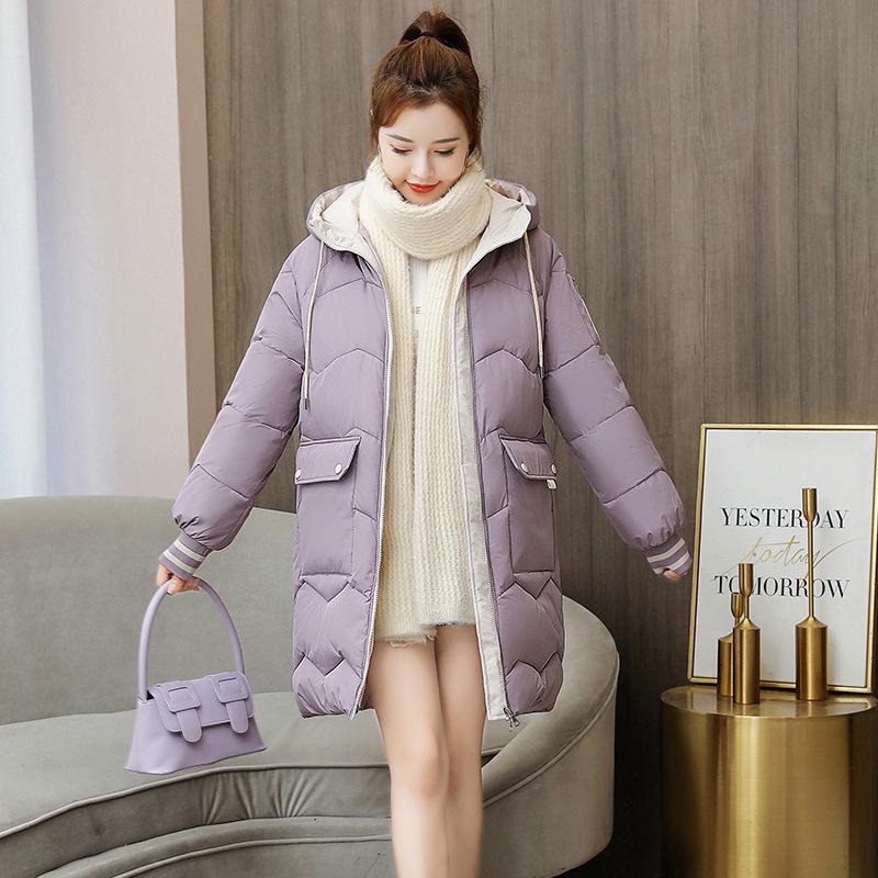 Winter new cotton jacket women's mid-length style thickened hooded simple and versatile warm cotton suit
