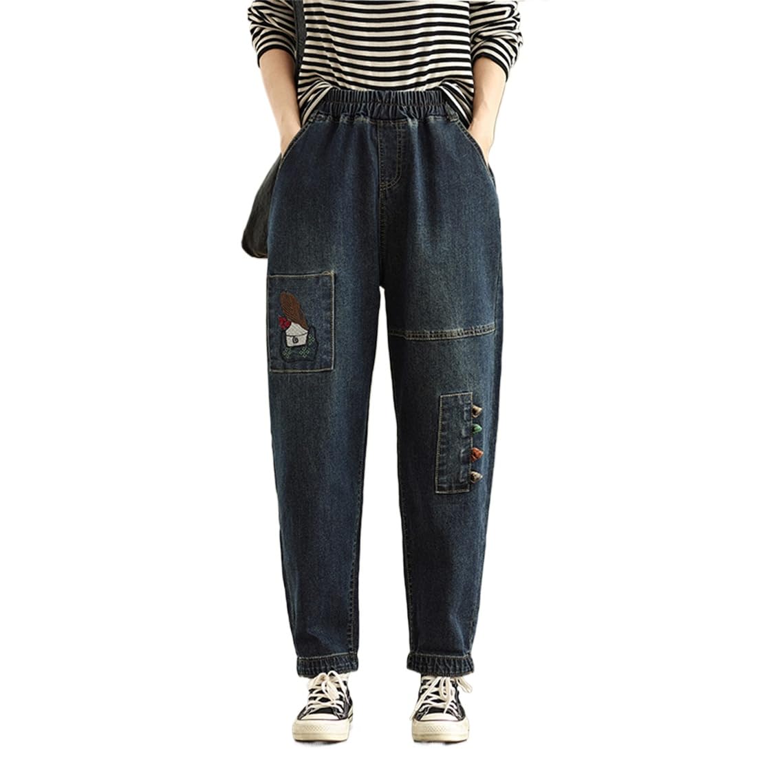 Mouhoukyo Denim Embroidered Elastic High Loose Slimming Size Women s Pants, Jeans, Denim, Waist, Waist, Casual, Fit, (Color shown, L)