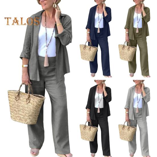 2-teiliges Set mit Hemd und Hose für Damen, lockeres Revers, einreihig, mittellange Langarmbluse, hohe elastische Taille, Hose mit weitem Bein, Alltagskleidung