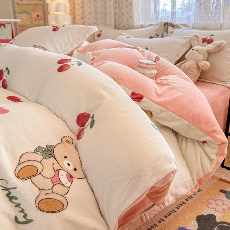 2024 New Class A Small Fresh Printed Milk Fleece Single Bedding Set Thick Warm Cartoon Quilt Cover Fall and Winter Duvet Cover