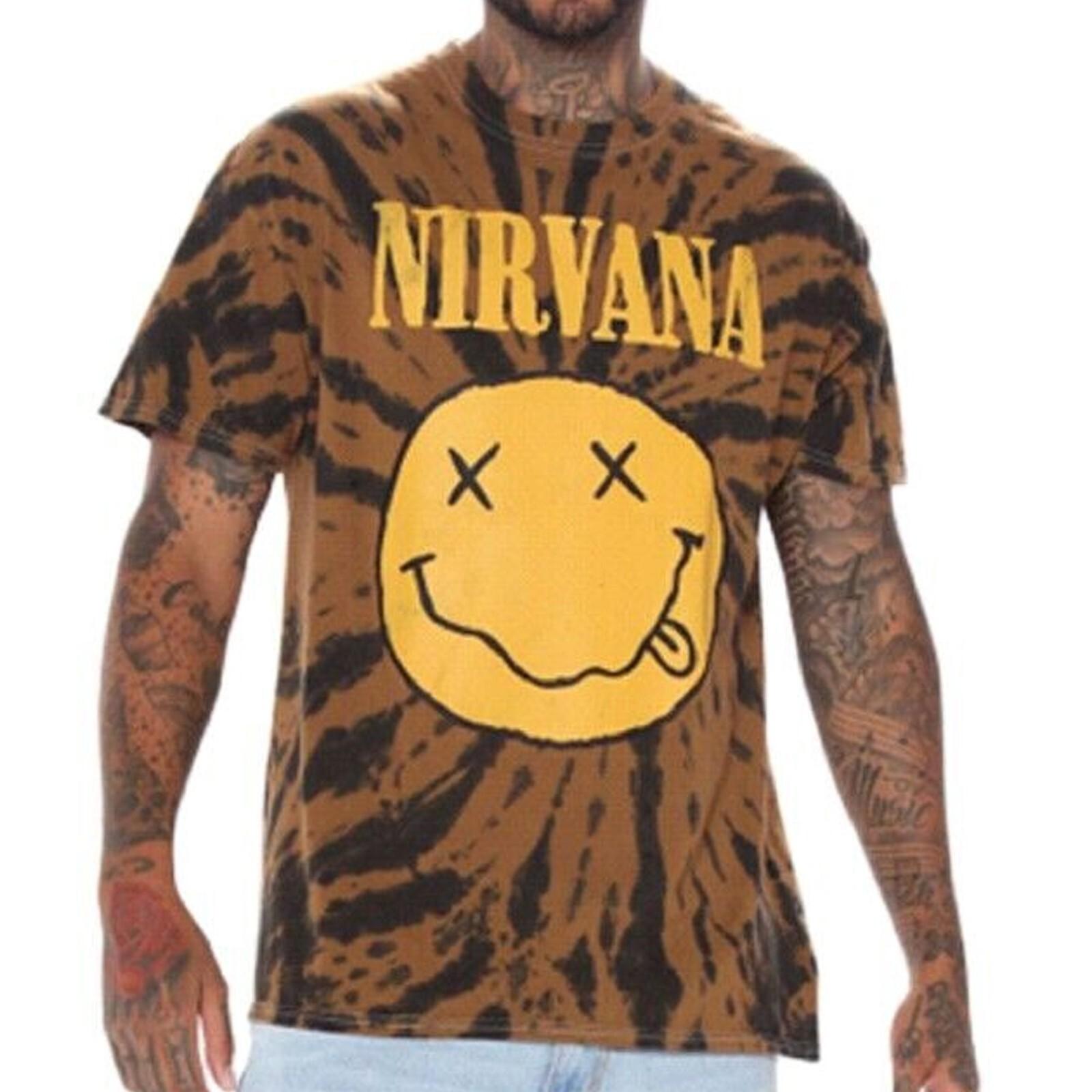 Nirvana Tie Dye Men s Brown T-Shirt with Distressed Smile Face - NWT M