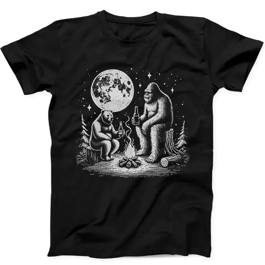 Bear with Bigfoot Drink Beer Campfire Meme Funny Gift Tee Black T Shirt 311