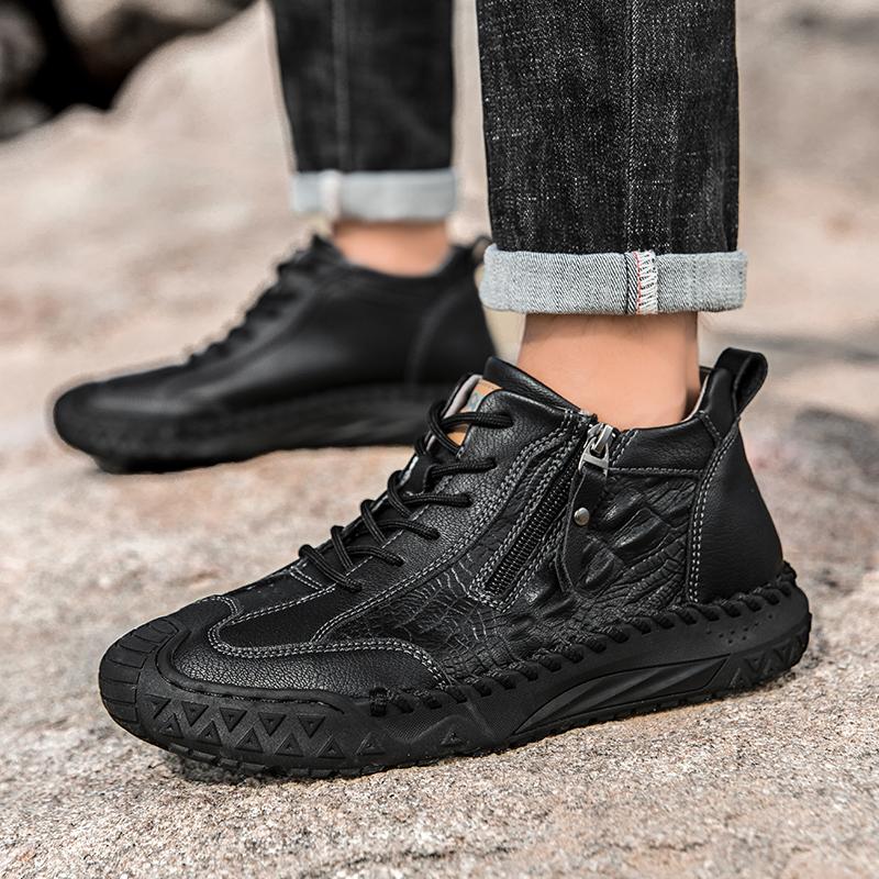 Fashion Mens Leather Casual Loafers Solid Color Sewing Style Vintage Hand Stitching Oxfords Shoes Ankle Boots Daily Work Office Shoes