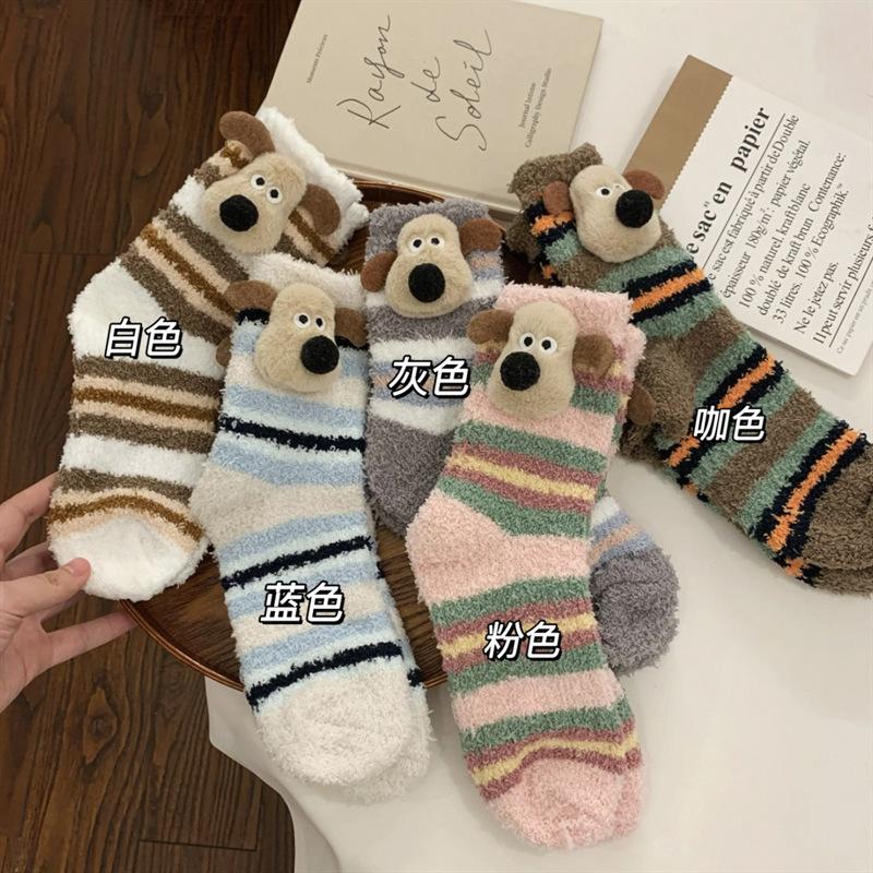 Puppy Coral Fleece Socks Floor Socks Thickened Fleece Sleeping Socks Plush Warm Medium Tube Confinement Socks One size fits all