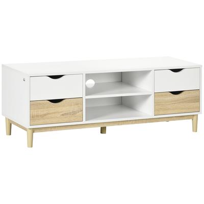 Modern TV Stand Unit for TVs Up To 55" with Storage Shelves and Drawers, 120cmx40cmx44.5cm, White and Natural