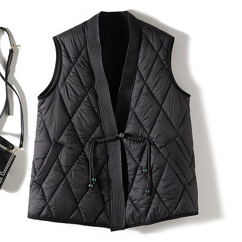 

Cotton Filling Is Preferred! Women Buckle Modified Edge Pressing V-neck Pressure Grid Vest Autumn and Winter Slimming New Cotton-Padded Coat Outerwear Black L