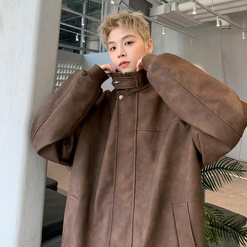 pu leather jacket men's spring new American retro high street trendy brand ruffian handsome high-end loose stand-up collar jacket