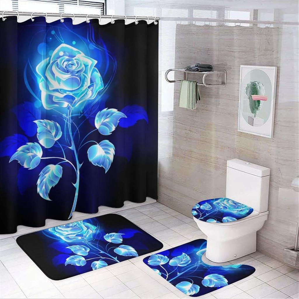 Elegant Blue Flower Shower Curtain Set Waterproof Bathtub Curtains Non-Slip Rugs Bath Mat Toilet Lid Cover Bathroom Set Decor