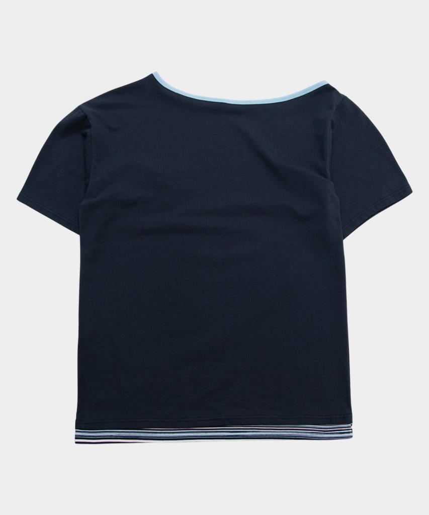 SOME PLACE Pocket Snap Color Block Double Layered Oversized Off-Shoulder Short Sleeve T-Shirt [Navy]