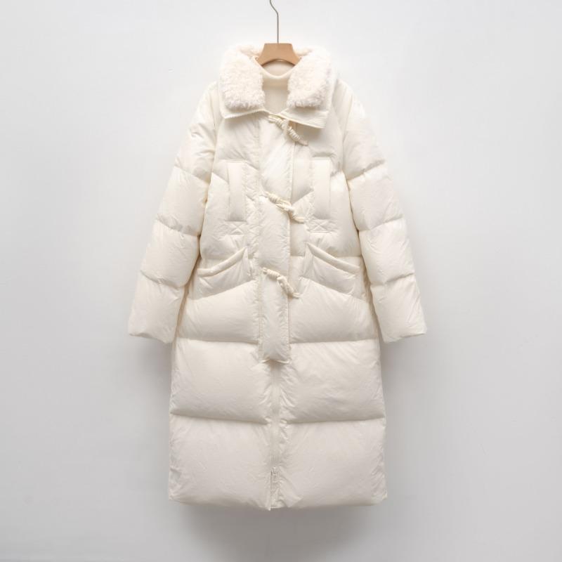 White Duck Down Long Down Jacket Women's Winter New Simple Fur Collar Thickened Loose Knee Coat Tide