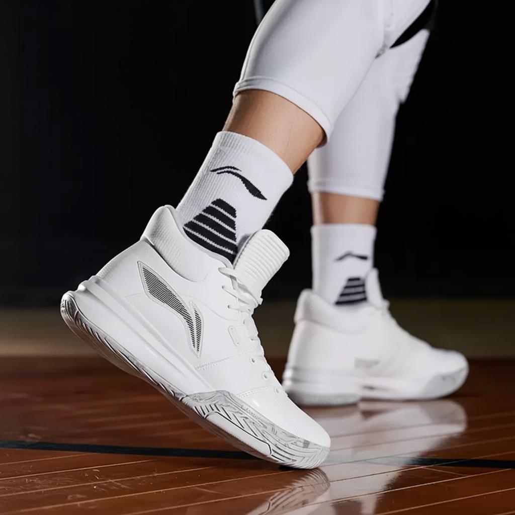 Li-Ning Lightweight Shock Absorbing Non-Slip Durable Mid-Top Basketball Shoes Men Sneakers White ABPQ039-5