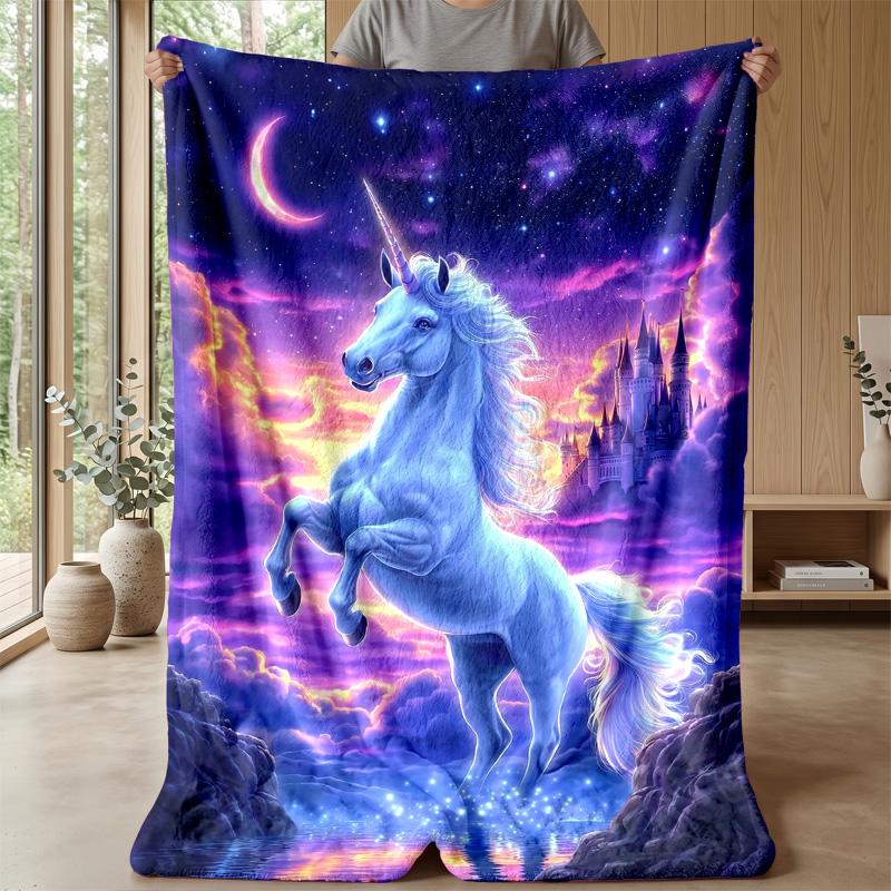 Fantasy Unicorn Castle Theme Blanket Lightweight Warm Flannel Blanket Decorative Throw Blanket for Home Decoration