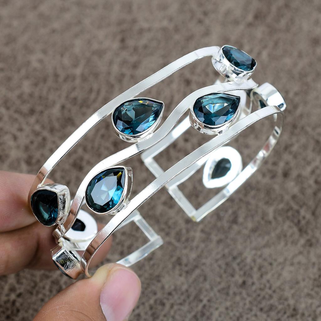 Iolite Quartz Gemstone Handmade 925 Sterling Silver Cuff Bangle Adjustable KKG-197