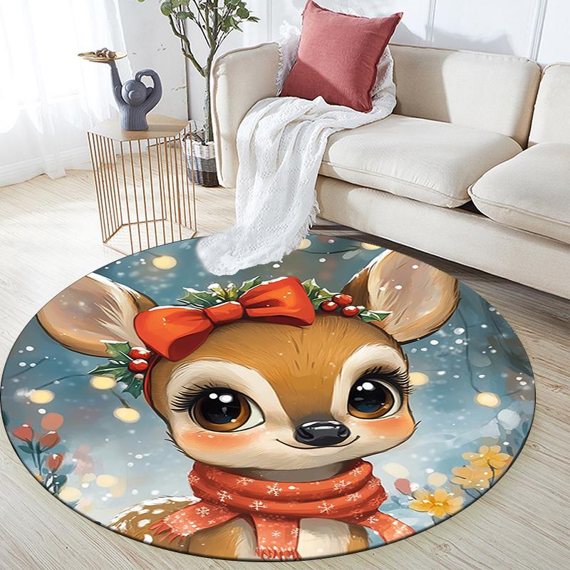 Cute Deer Round Area Rug,Carpet Rug for Living Room Bedroom Sofa Playroom Decor,Non-slip Floor Mat