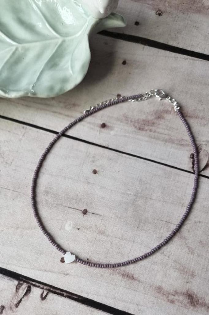 Handmade Choker with Dark Purple Seed Beads and Natural Heart Shell Pendant