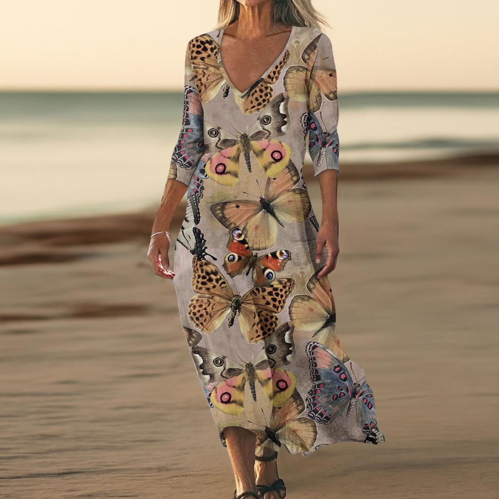 Dresses For Womens Vintage Print Tunic Waisted Midi Dress Summer Casual  3/4 Sleeve Dress