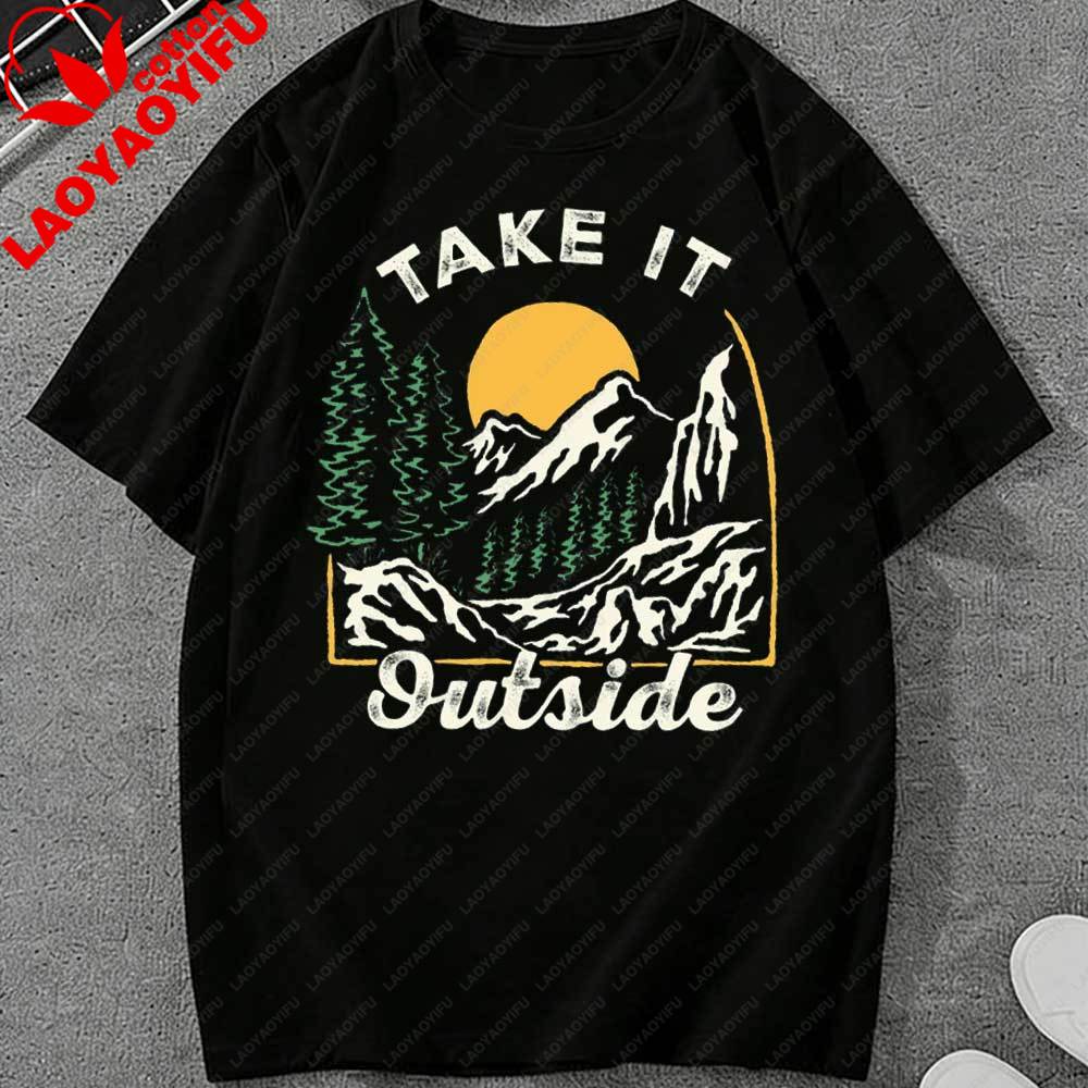 Retro Take It Outside Mountain Sunset TShirt Vintage Outdoor Graphic Cotton Casual Tops Perfect Gift for Hiking Camping Lovers