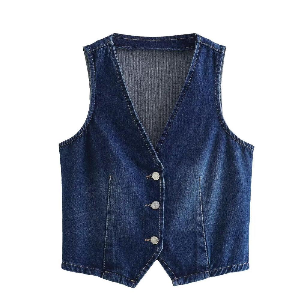 2024 Winter Women's European & American Style Fashionable Casual Denim V-Neck Sleeveless Vest