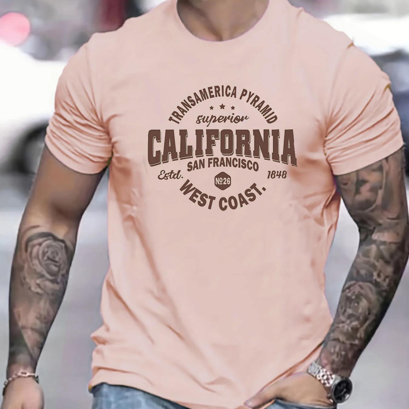 WowClassic Heren 100% katoen casual sport losse pasvorm California West Coast print ronde hals korte mouwen T-shirt top L