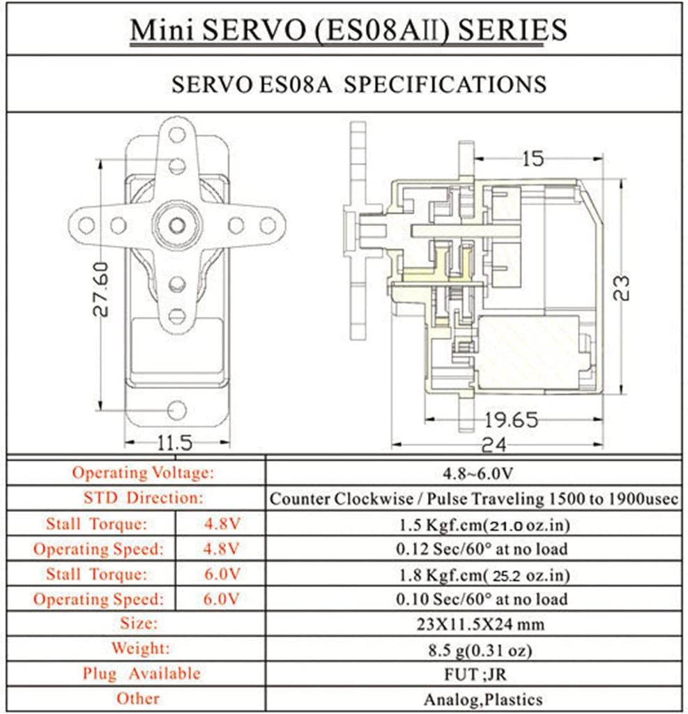 EMAX ES08A II Analog Servo 8.6g | Plastic Gears | 15T Horn Mount Kit | Compatible with Axial SCX24 RC | Aluminum Alloy, 23x11.5x24 Mm