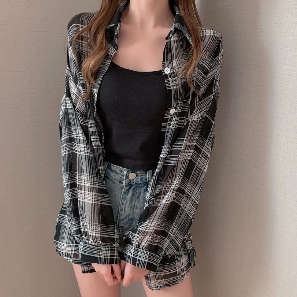 Cămașă Plaid din Șifon Transparent pentru Femei Mărimi Mari cu Guler și Nasturi Bluză de Vară Lejeră Casual