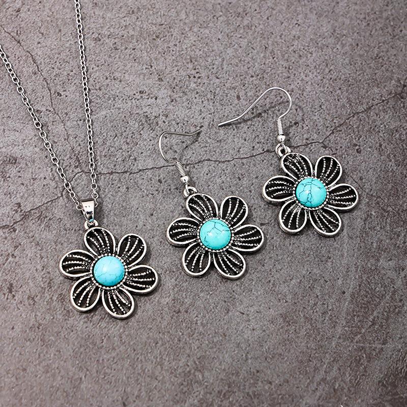Meier Two-piece set: distressed metal filigree floral turquoise necklace and earrings for women