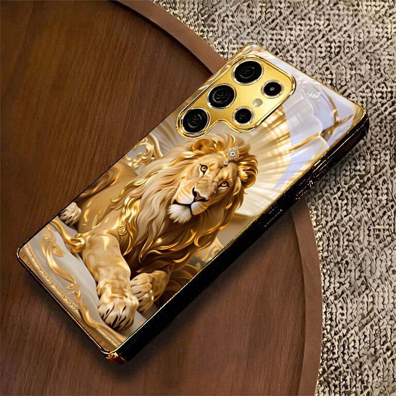 Ornate Gilded Lion King Electroplated Golden Phone Case For Samsung S22 Ultra S21 S20 FE S23Plus S24 S25 S26 Note 20 Back Cover